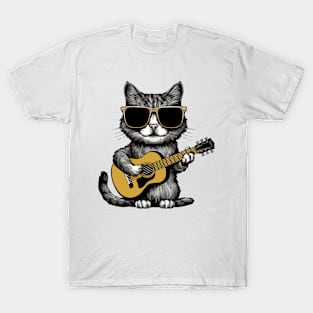 Funny Cat ing Sunglasses Playing Guitar For Cat Kitten Lover T-Shirt